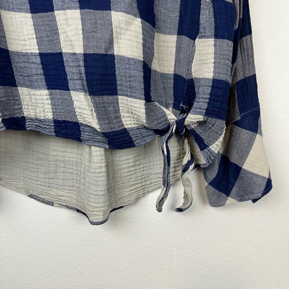 Cloth & Stone Blue Gingham Plaid Knotted High Low Blouse Large - Picture 5 of 11